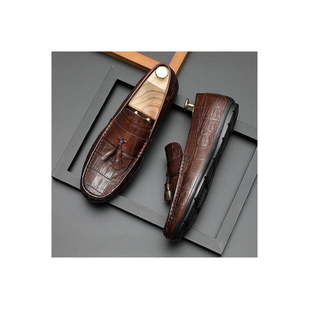 Mocassins Pour Hommes Derby Cuir Texture Alligator Élégante - Café