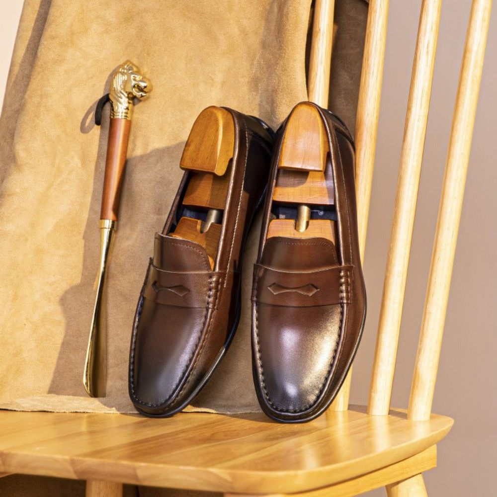 Mocassins Pour Hommes À Enfiler Cuir Bout Carré Exotique - Café