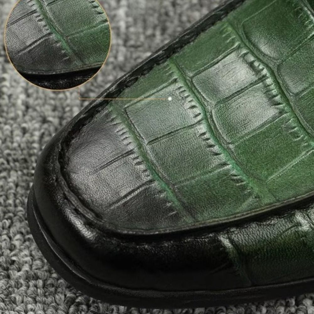 Mocassins Pour Hommes À Enfiler Cuir Crocodile Exotique Avec Bout Métal - Vert