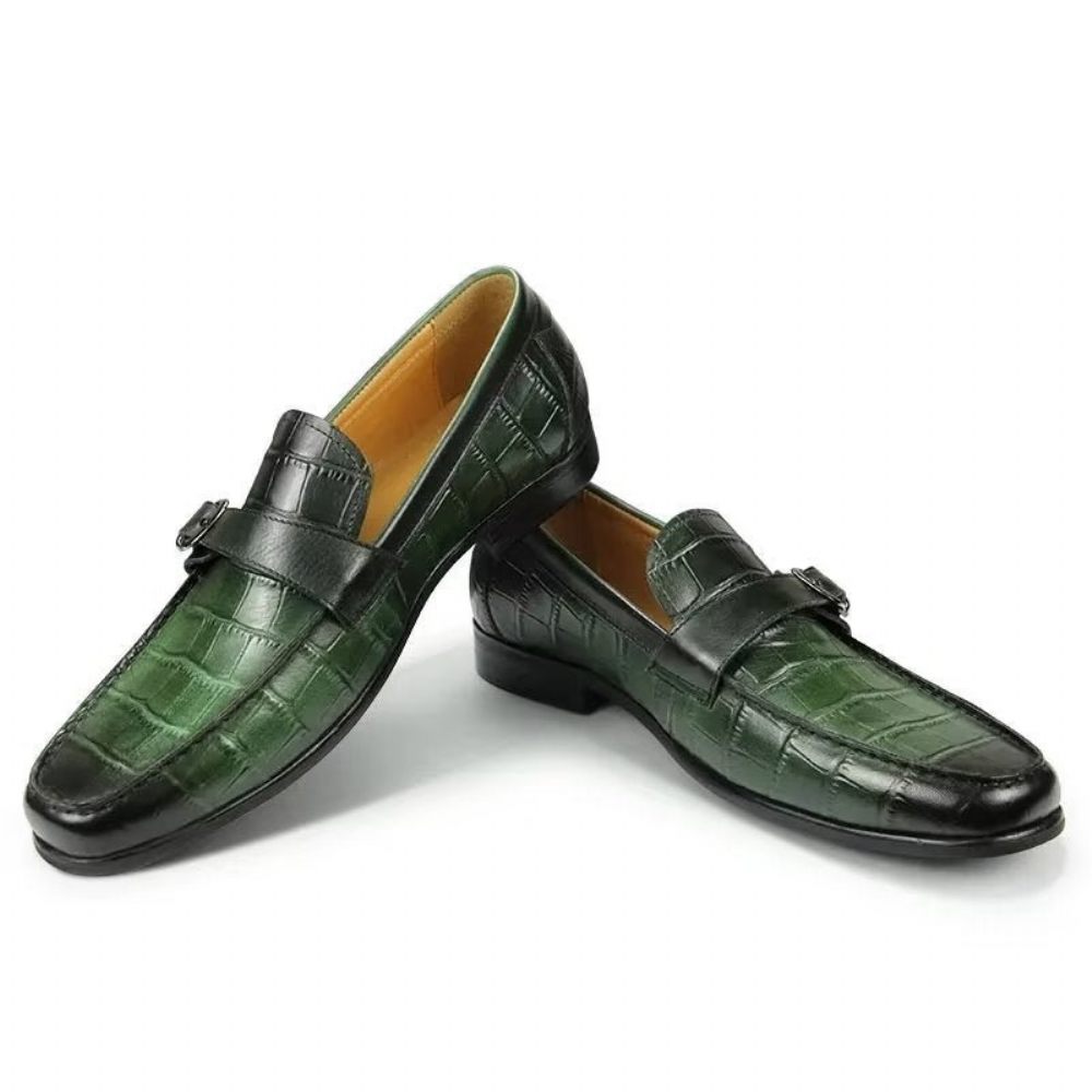 Mocassins Pour Hommes À Enfiler Cuir Crocodile Exotique Avec Bout Métal - Vert