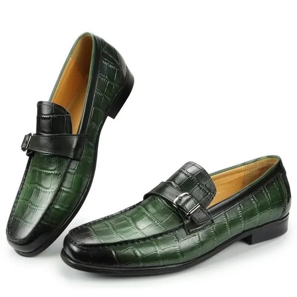 Mocassins Pour Hommes À Enfiler Cuir Crocodile Exotique Avec Bout Métal - Vert