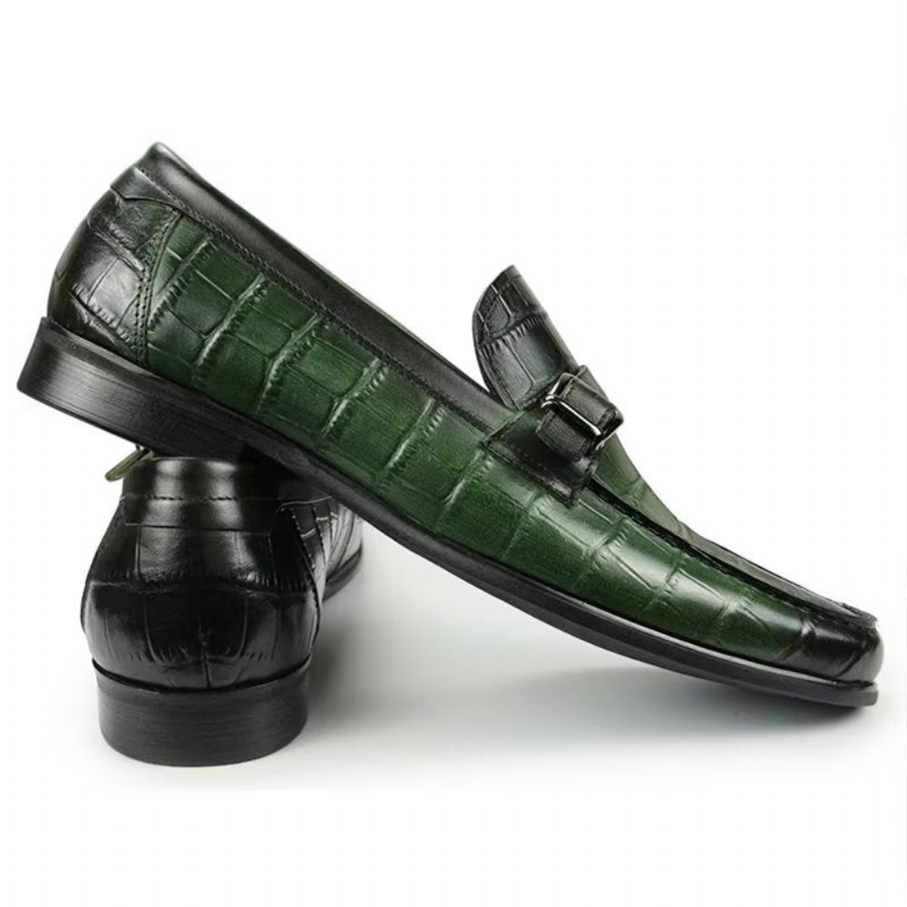 Mocassins Pour Hommes À Enfiler Cuir Crocodile Exotique Avec Bout Métal - Vert