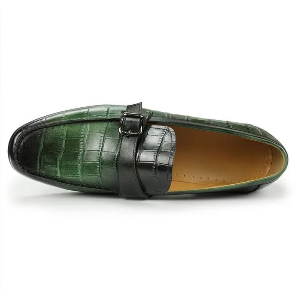 Mocassins Pour Hommes À Enfiler Cuir Crocodile Exotique Avec Bout Métal - Vert