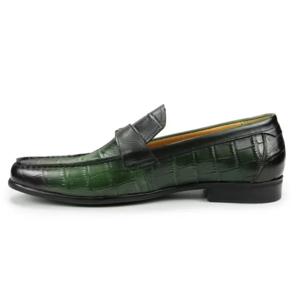 Mocassins Pour Hommes À Enfiler Cuir Crocodile Exotique Avec Bout Métal - Vert