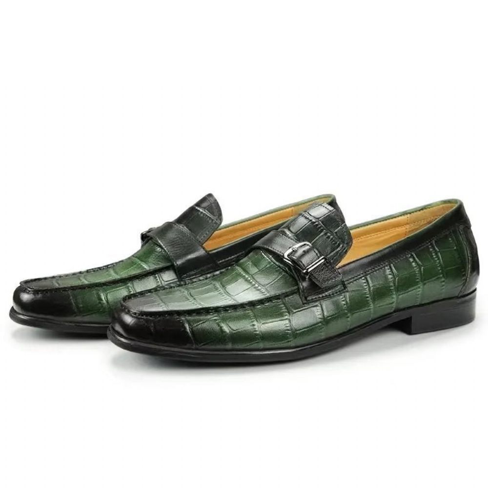 Mocassins Pour Hommes À Enfiler Cuir Crocodile Exotique Avec Bout Métal - Vert