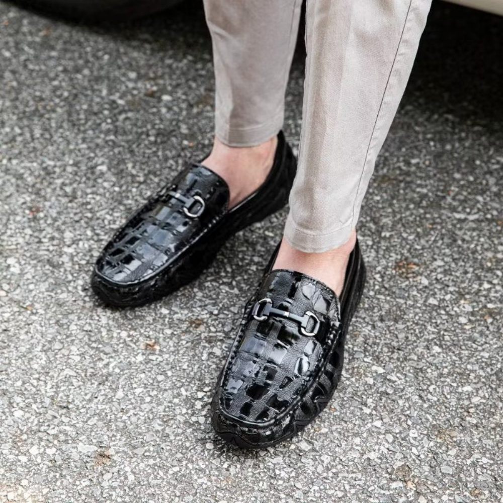 Mocassins Pour Hommes À Enfiler Cuir Crocodile Exotique Bout Métal - Noir