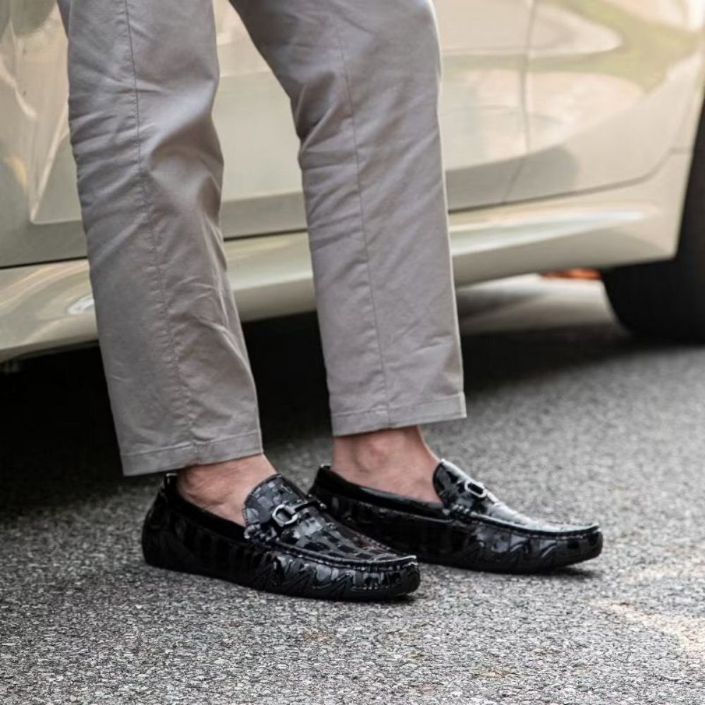 Mocassins Pour Hommes À Enfiler Cuir Crocodile Exotique Bout Métal - Noir