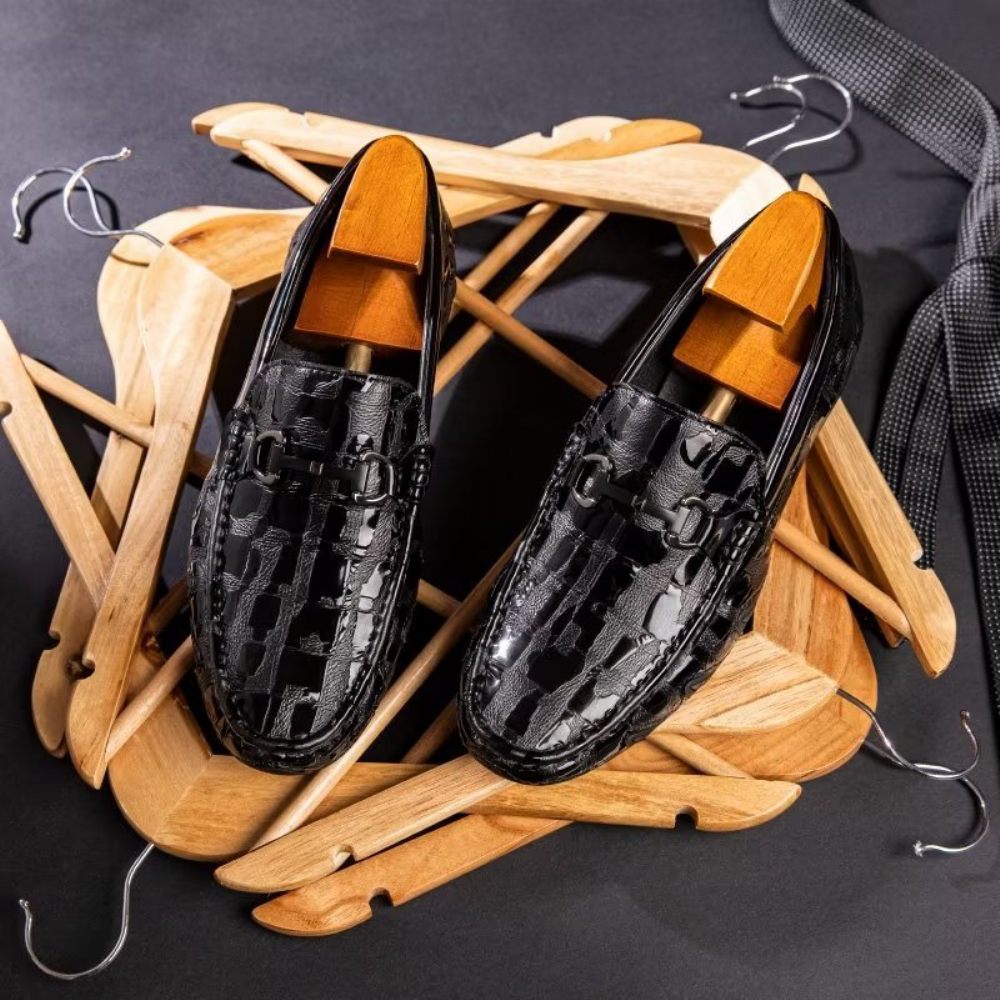 Mocassins Pour Hommes À Enfiler Cuir Crocodile Exotique Bout Métal - Noir