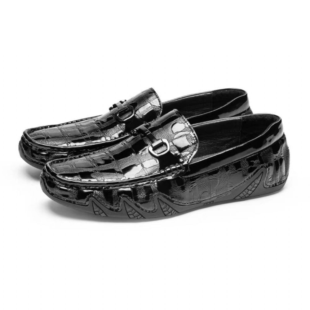 Mocassins Pour Hommes À Enfiler Cuir Crocodile Exotique Bout Métal - Noir