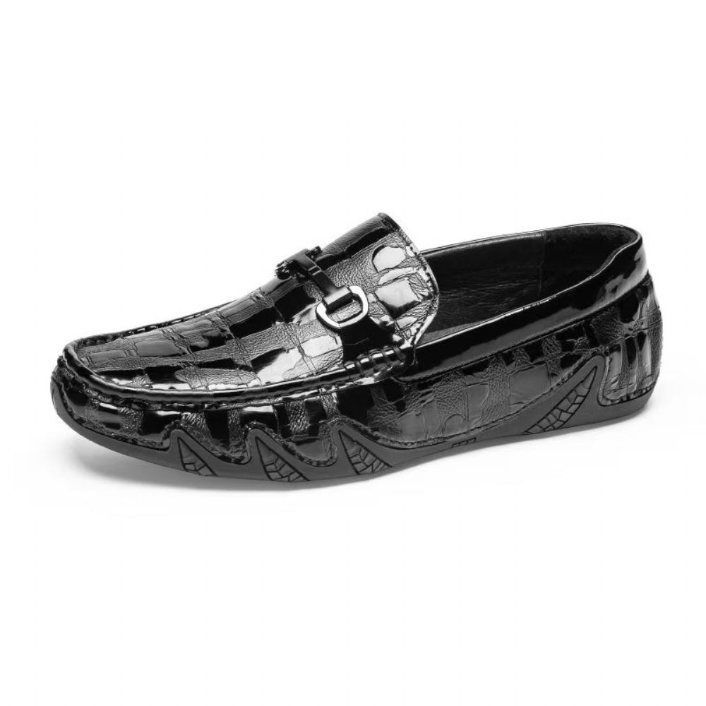 Mocassins Pour Hommes À Enfiler Cuir Crocodile Exotique Bout Métal - Noir