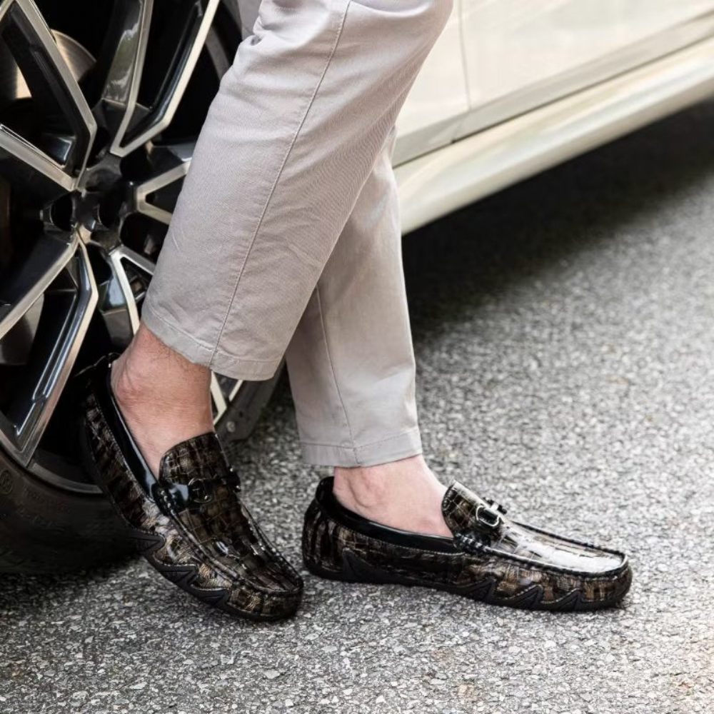 Mocassins Pour Hommes À Enfiler Cuir Crocodile Exotique Bout Métal - Café