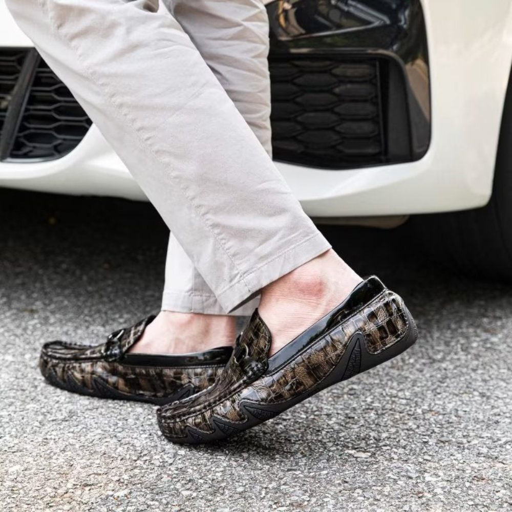 Mocassins Pour Hommes À Enfiler Cuir Crocodile Exotique Bout Métal - Café