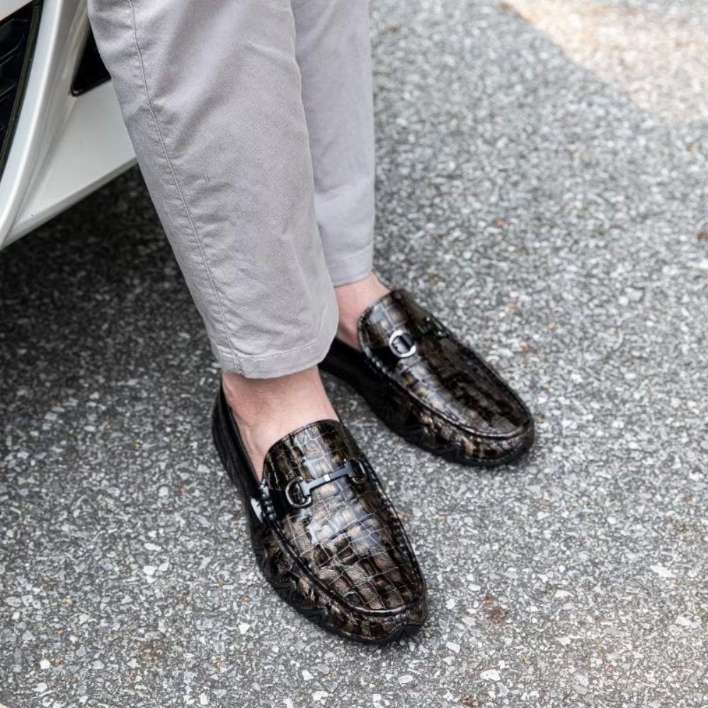 Mocassins Pour Hommes À Enfiler Cuir Crocodile Exotique Bout Métal - Café