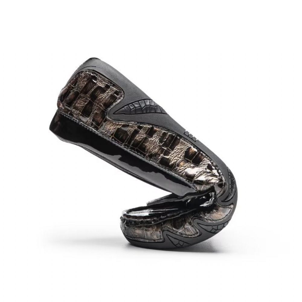 Mocassins Pour Hommes À Enfiler Cuir Crocodile Exotique Bout Métal - Café