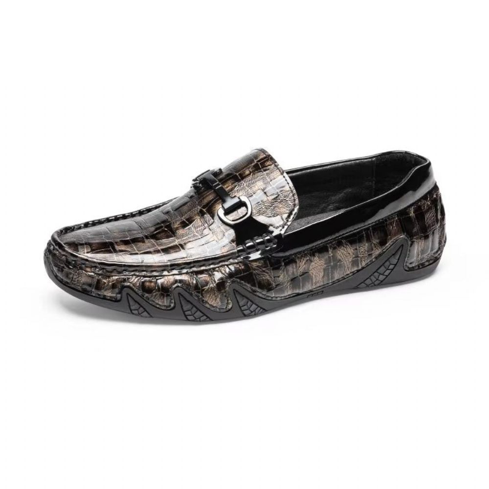 Mocassins Pour Hommes À Enfiler Cuir Crocodile Exotique Bout Métal - Café