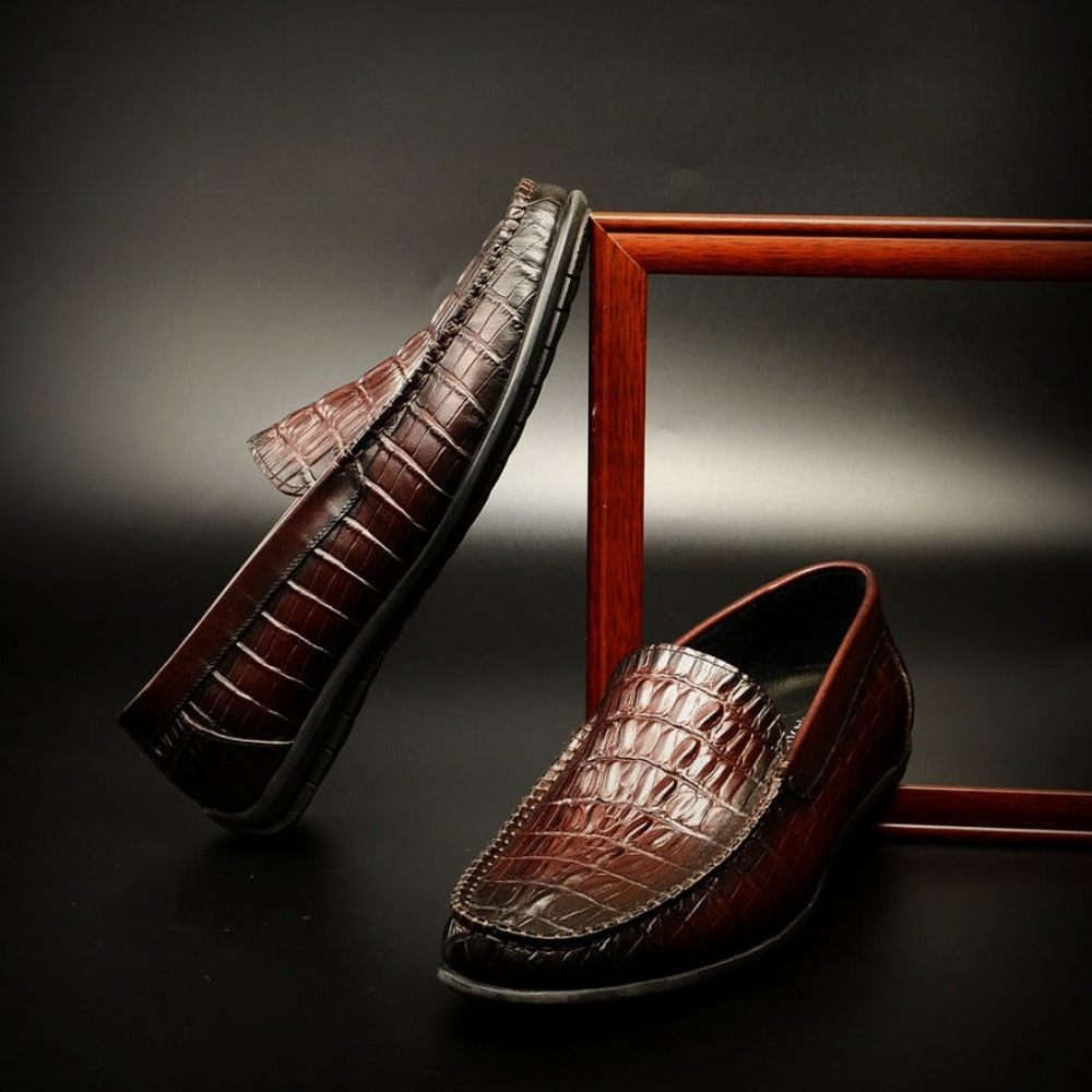 Mocassins Pour Hommes À Enfiler Cuir Crocodile Luxe - Rouge