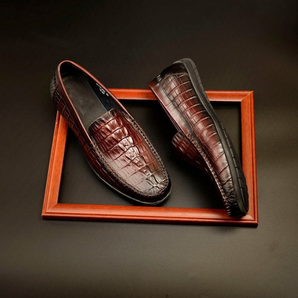 Mocassins Pour Hommes À Enfiler Cuir Crocodile Luxe - Rouge