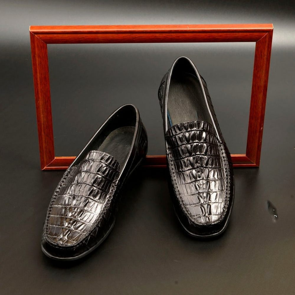 Mocassins Pour Hommes À Enfiler Cuir Crocodile Luxe - Noir