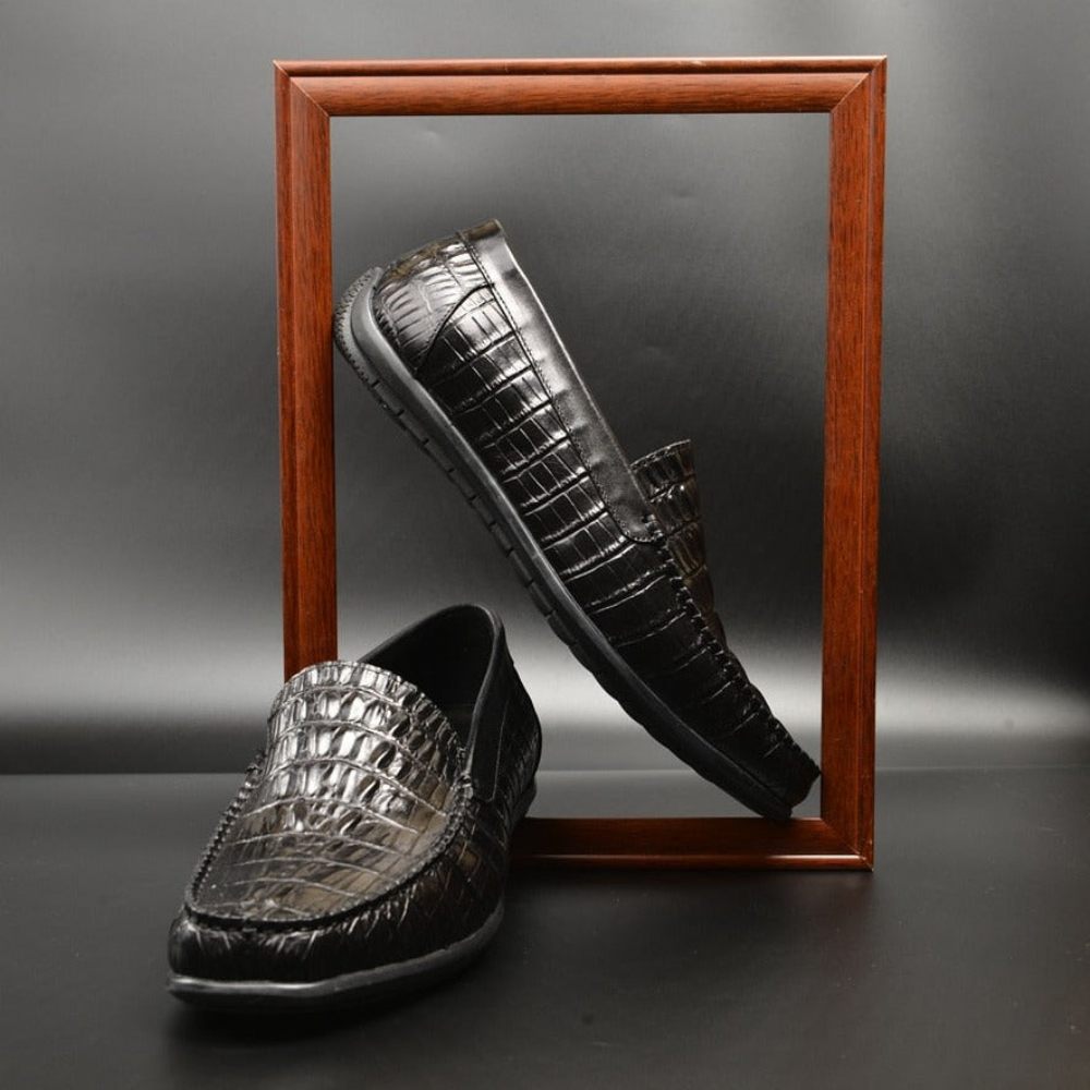 Mocassins Pour Hommes À Enfiler Cuir Crocodile Luxe - Noir