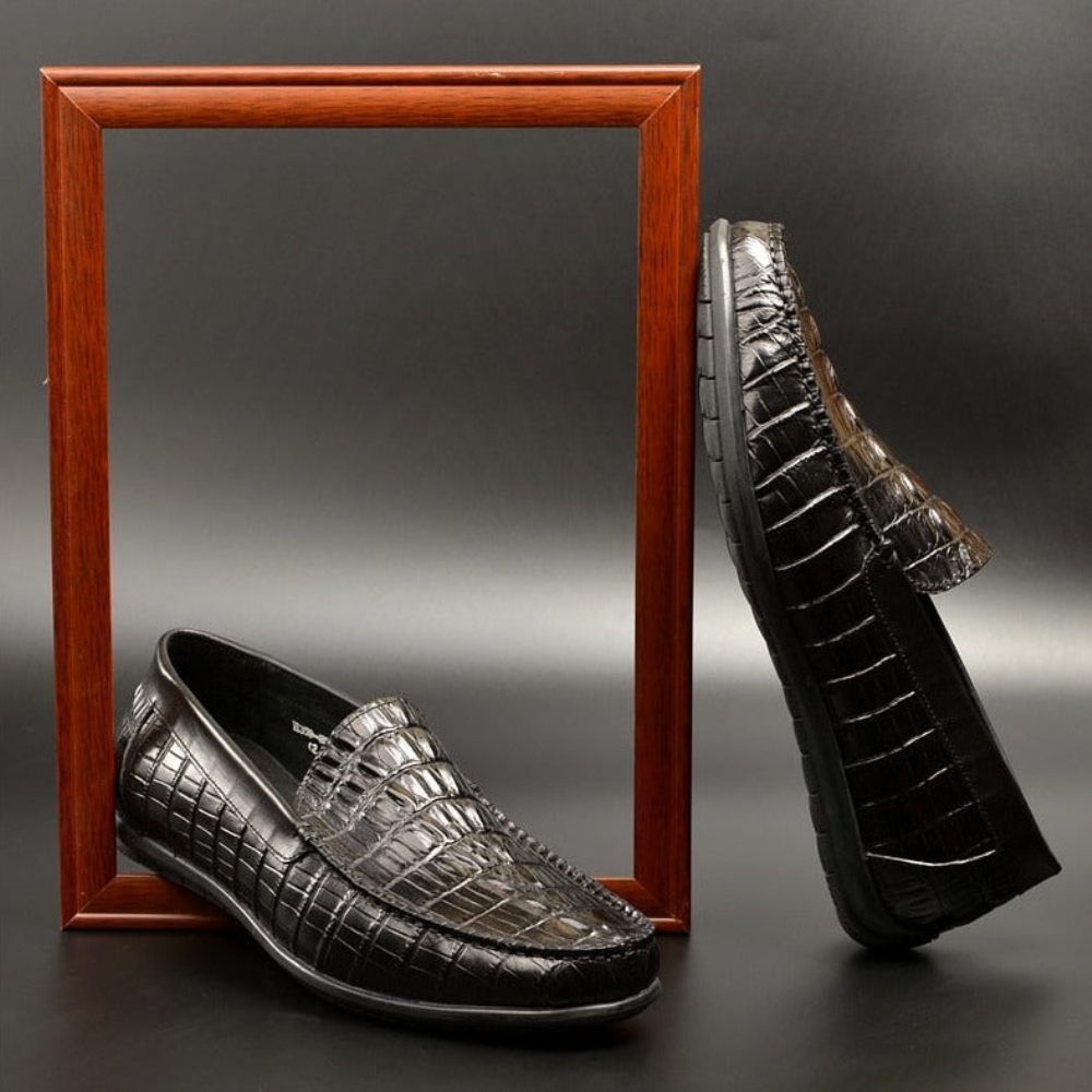 Mocassins Pour Hommes À Enfiler Cuir Crocodile Luxe - Noir