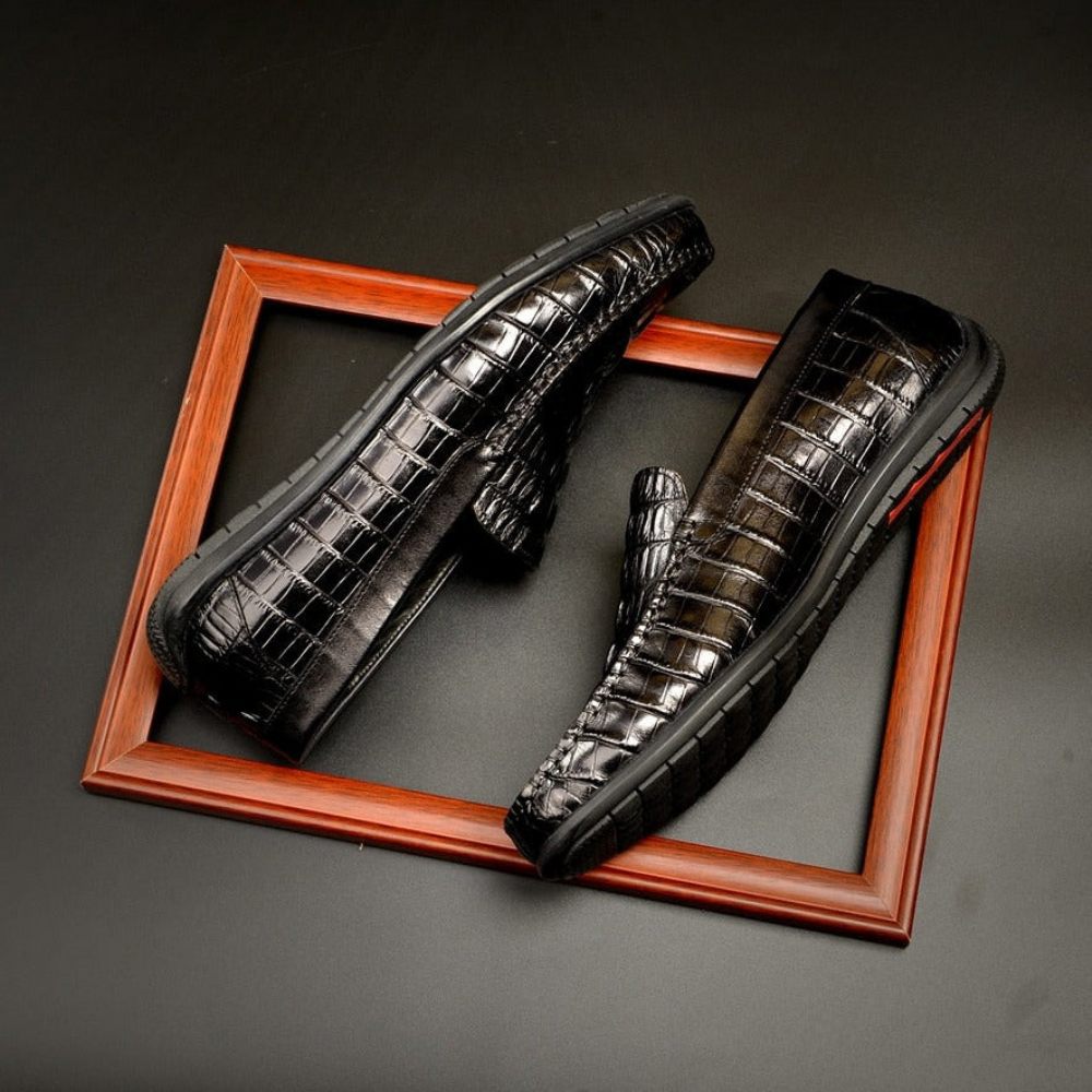 Mocassins Pour Hommes À Enfiler Cuir Crocodile Luxe - Noir