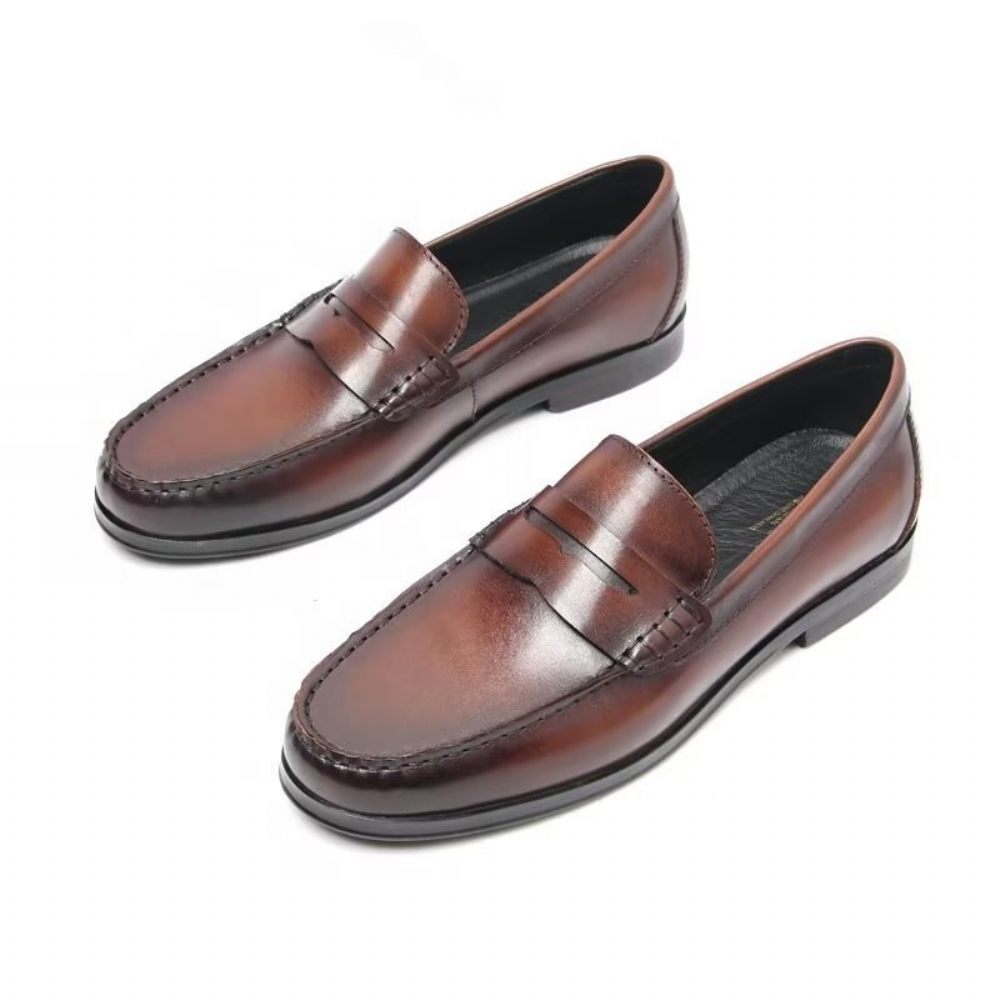 Mocassins Pour Hommes À Enfiler Cuir Véritable Motif Crocodile - Marron