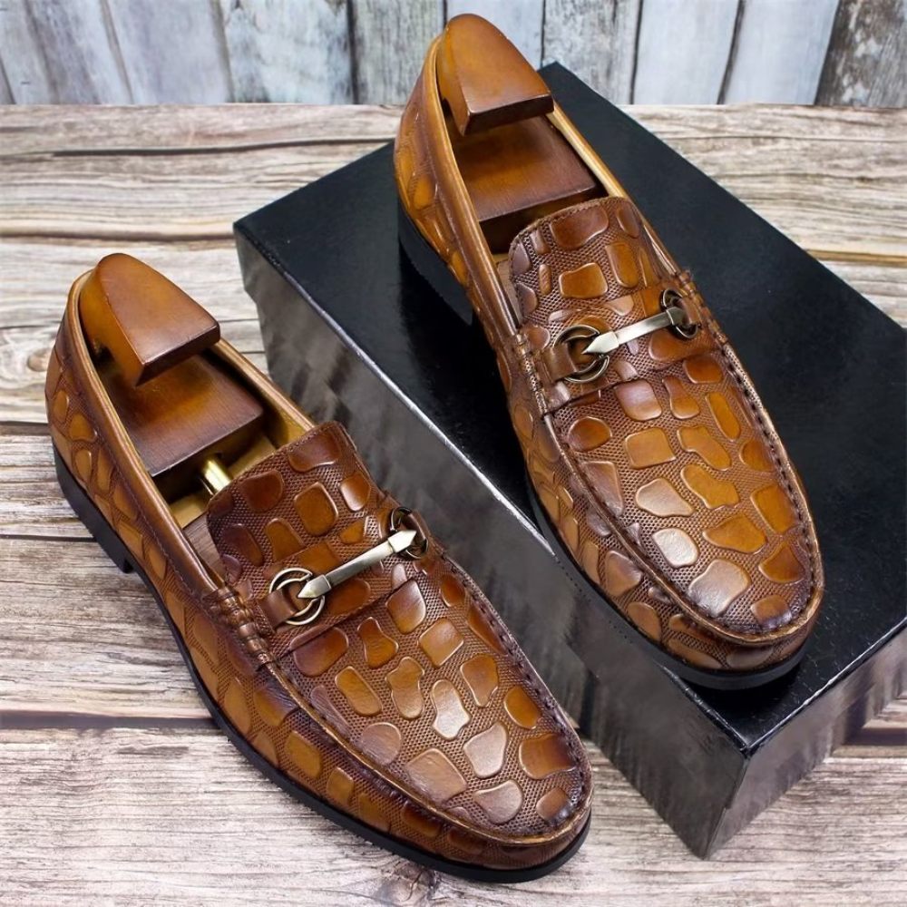 Mocassins Pour Hommes À Enfiler Élégants Cuir Crocodile Exotique - Brun