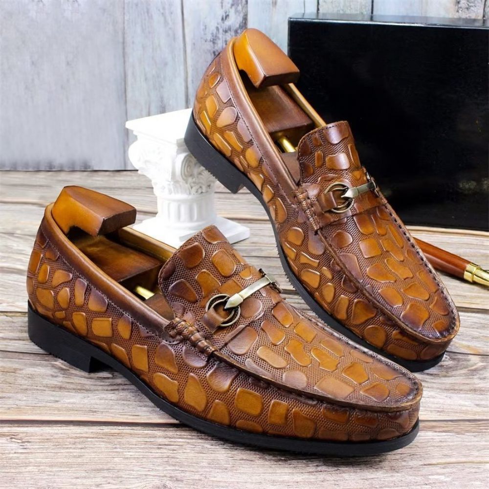 Mocassins Pour Hommes À Enfiler Élégants Cuir Crocodile Exotique - Brun