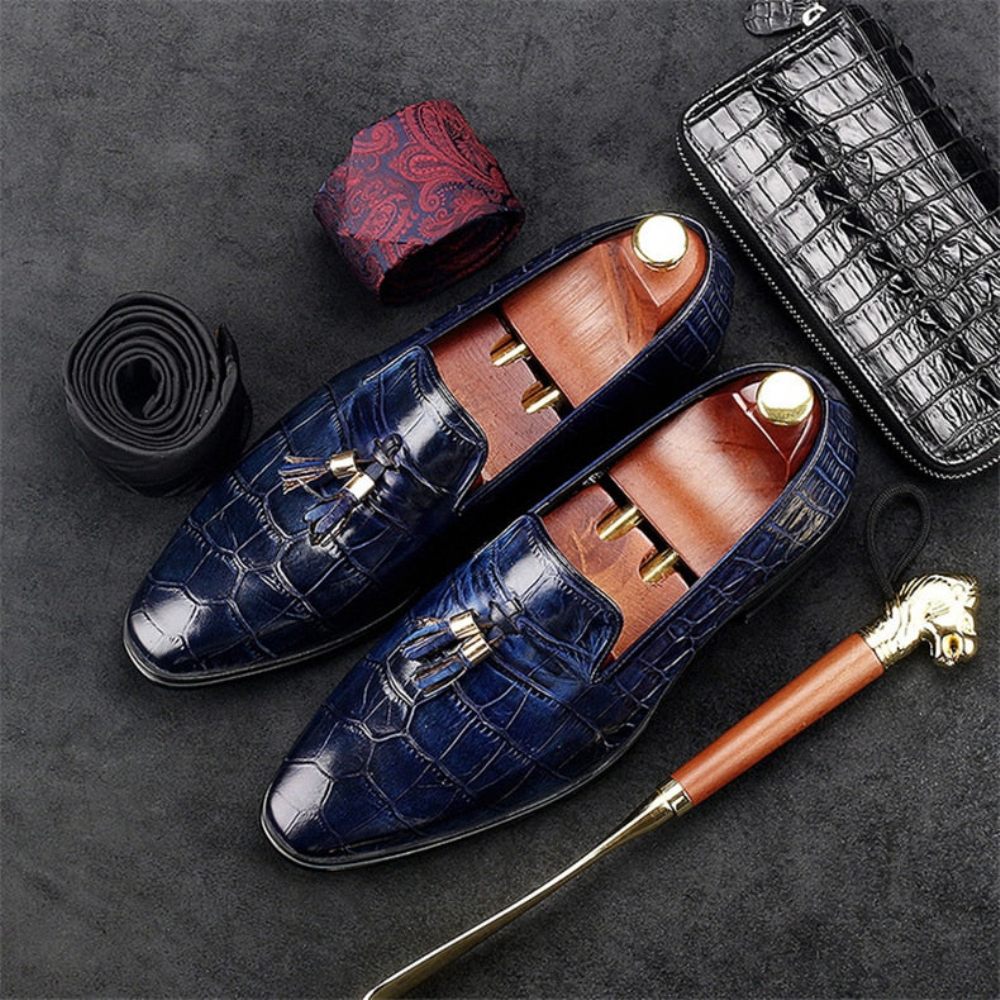 Mocassins Pour Hommes À Enfiler Pampilles Alligator Luxe - Bleu