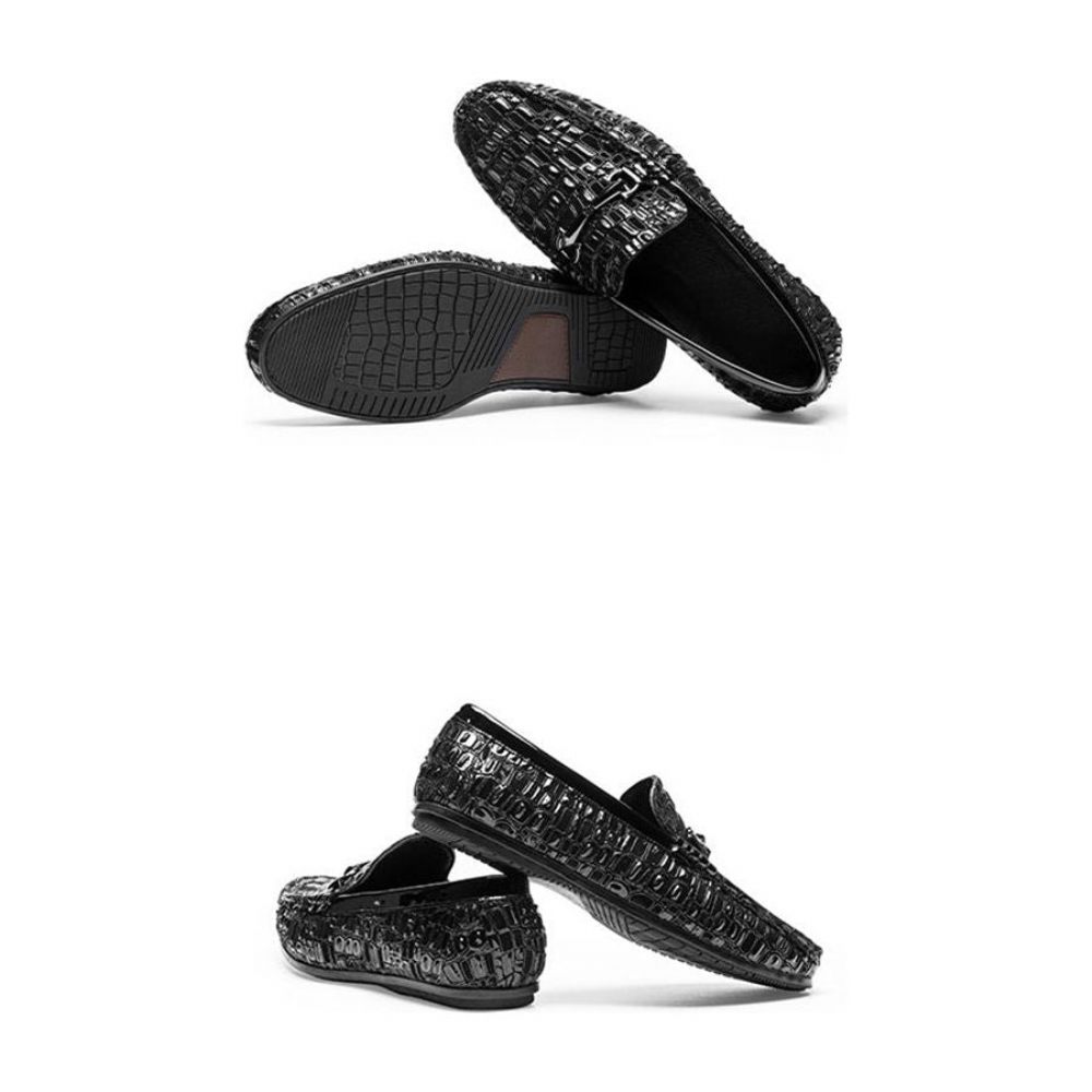 Mocassins Pour Hommes À Enfiler Respirants Texture Alligator Élégante - Noir