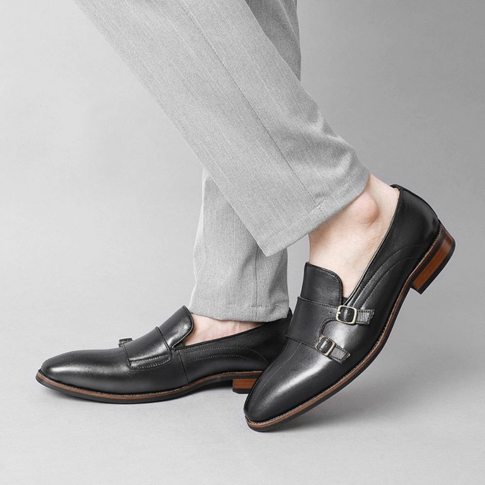 Mocassins Pour Hommes Fête Cuir Exotique Raffiné Avec Sangle Moine - Noir