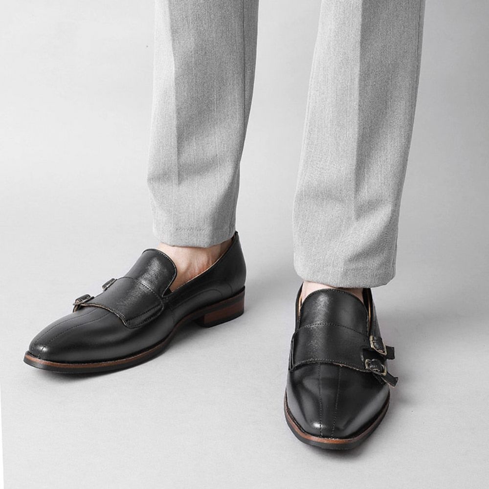 Mocassins Pour Hommes Fête Cuir Exotique Raffiné Avec Sangle Moine - Noir