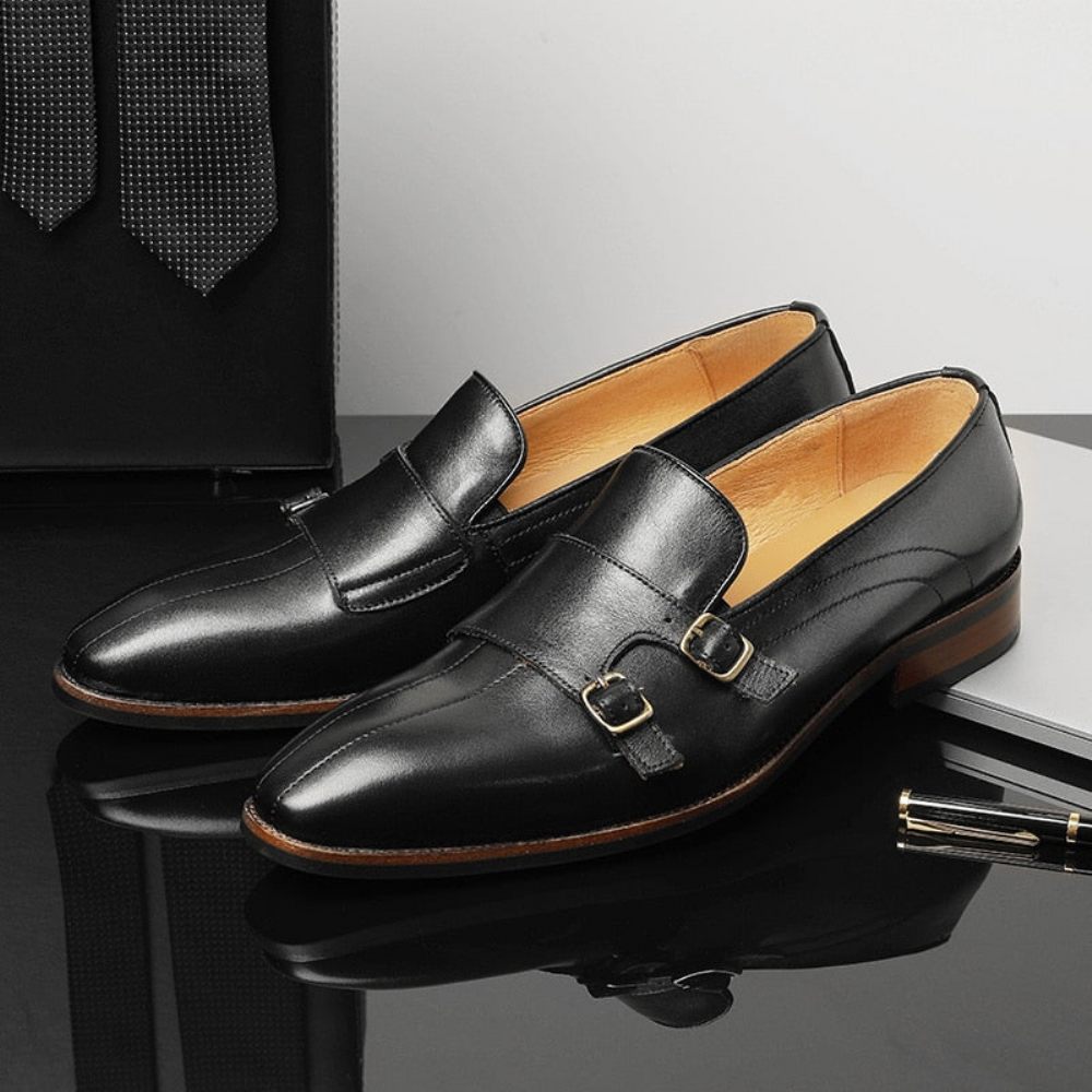 Mocassins Pour Hommes Fête Cuir Exotique Raffiné Avec Sangle Moine - Noir