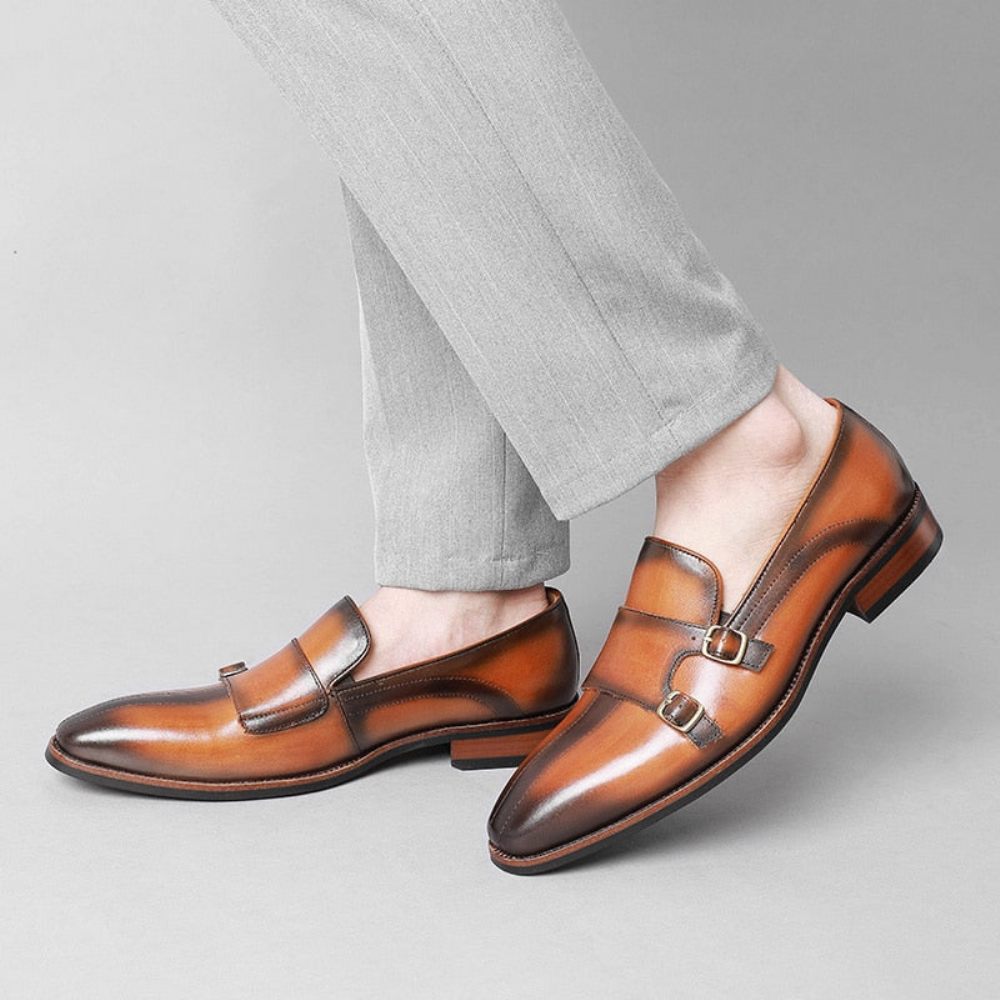 Mocassins Pour Hommes Fête Cuir Exotique Raffiné Avec Sangle Moine - Marron