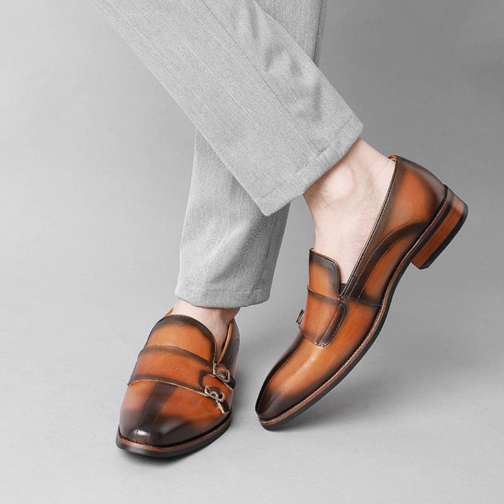 Mocassins Pour Hommes Fête Cuir Exotique Raffiné Avec Sangle Moine - Marron