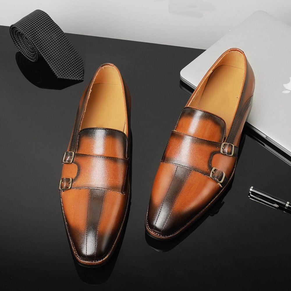 Mocassins Pour Hommes Fête Cuir Exotique Raffiné Avec Sangle Moine - Marron