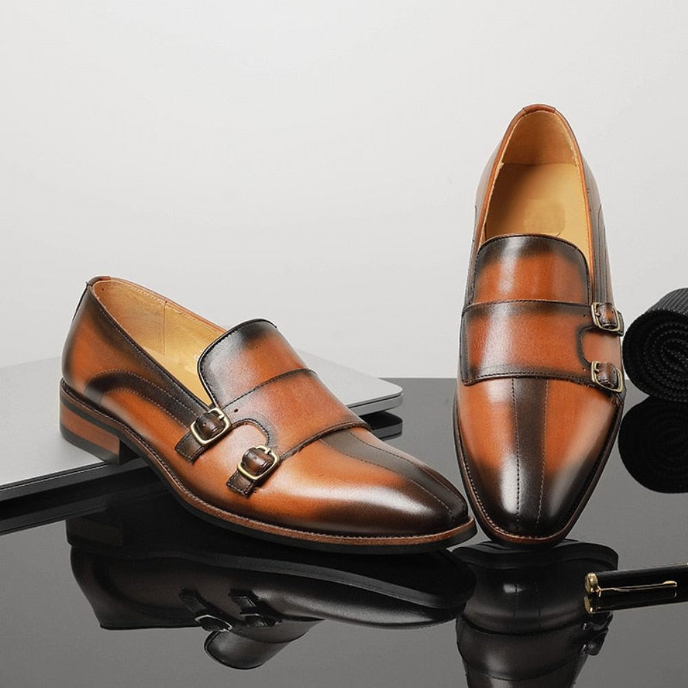 Mocassins Pour Hommes Fête Cuir Exotique Raffiné Avec Sangle Moine - Marron