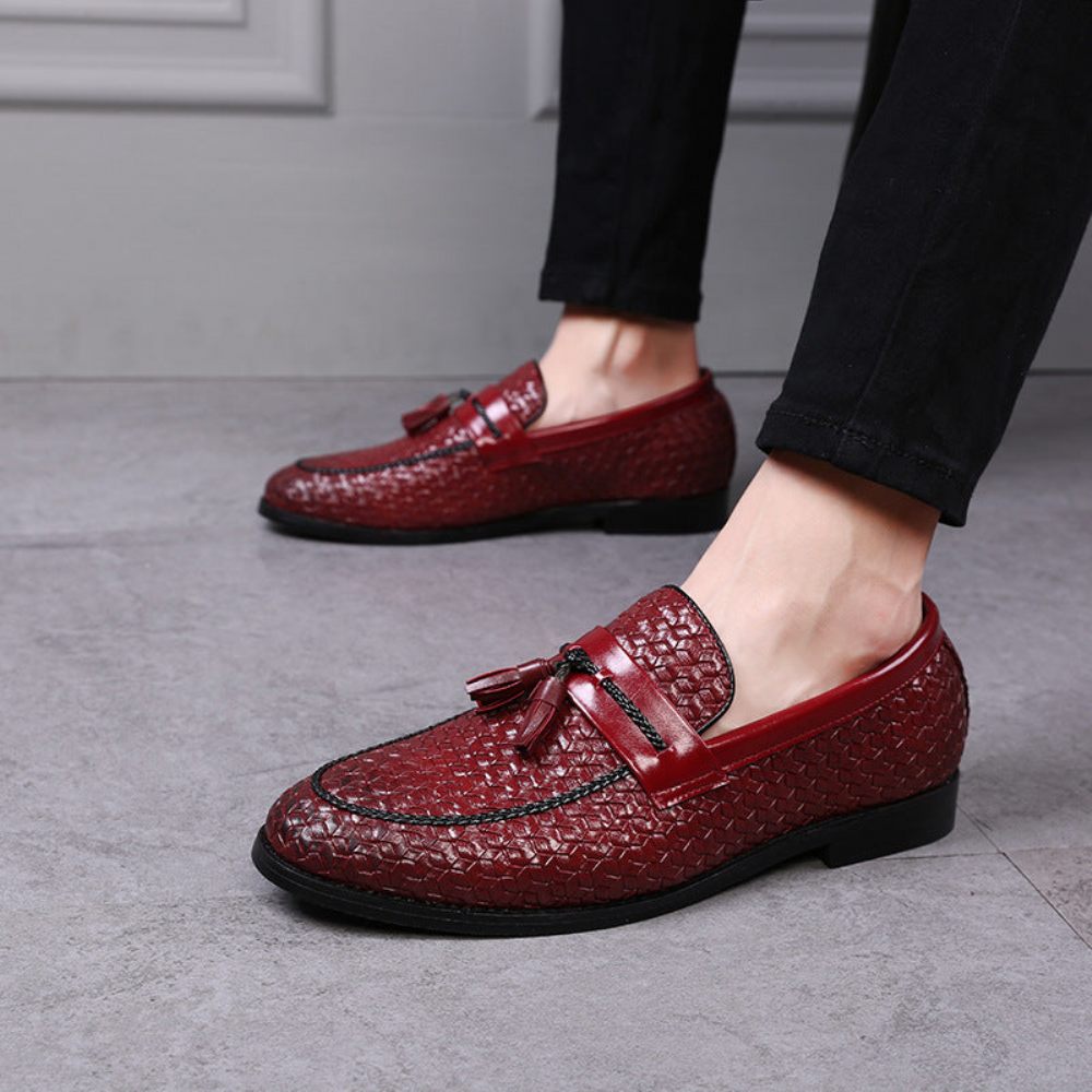 Mocassins Pour Hommes Gland Chic Cuir Boucle Sangle Chaussures Mariage - Rouge