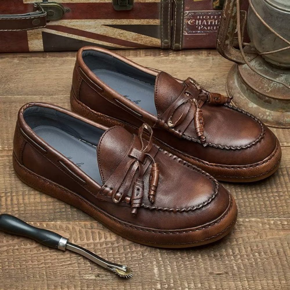 Mocassins Pour Hommes Luxe Cuir Vache À Pompon Élégants Enfiler - Café