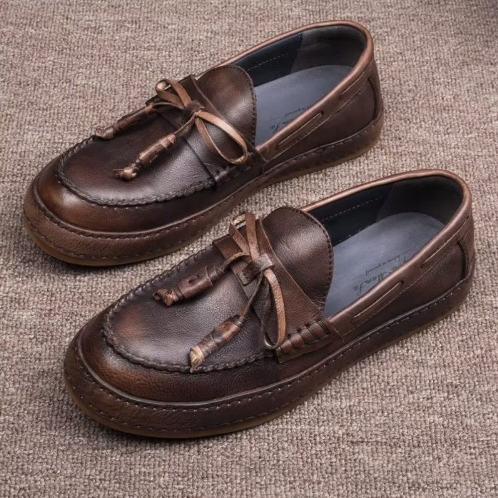 Mocassins Pour Hommes Luxe Cuir Vache À Pompon Élégants Enfiler - Café