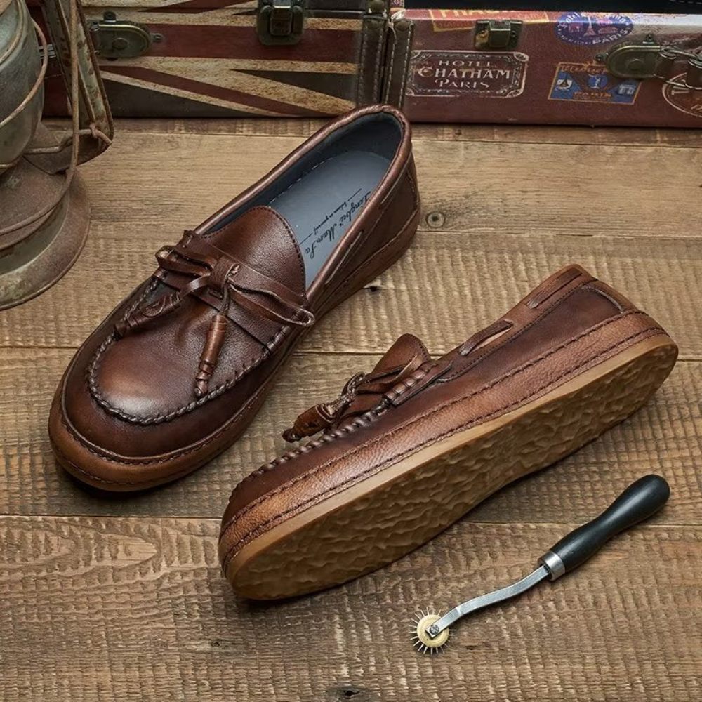 Mocassins Pour Hommes Luxe Cuir Vache À Pompon Élégants Enfiler - Café