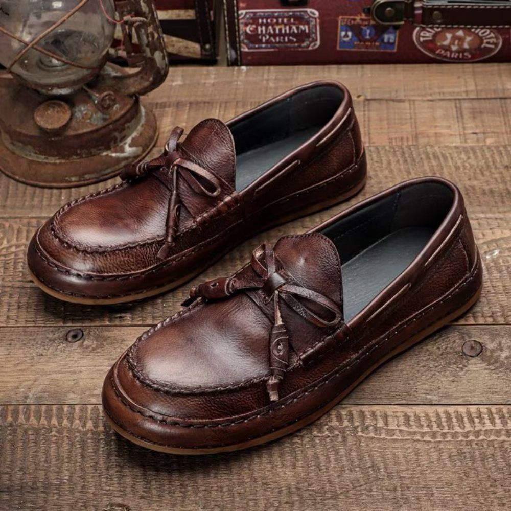 Mocassins Pour Hommes Luxe Cuir Vache À Pompon Élégants Enfiler - Café