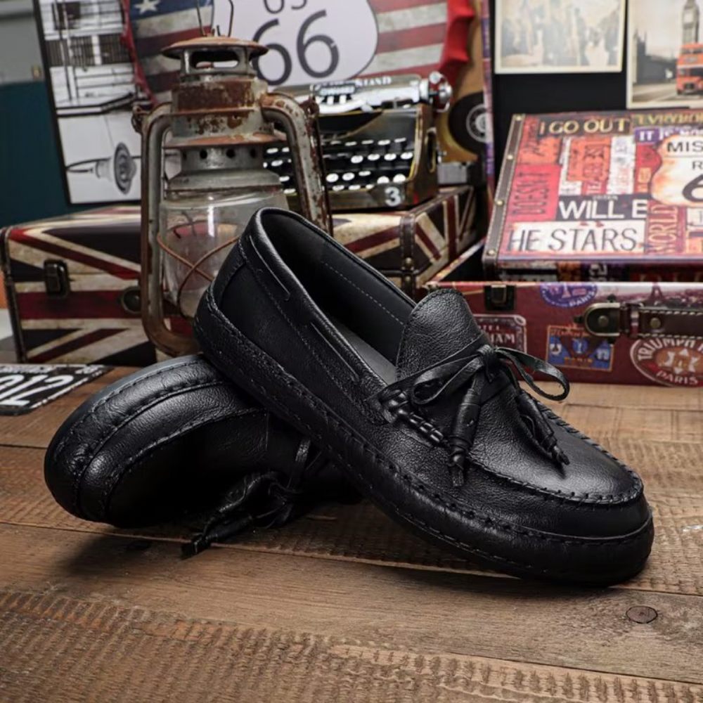 Mocassins Pour Hommes Luxe Cuir Vache À Pompon Élégants Enfiler - Noir