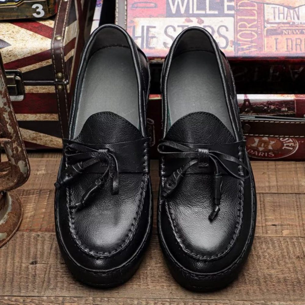 Mocassins Pour Hommes Luxe Cuir Vache À Pompon Élégants Enfiler - Noir