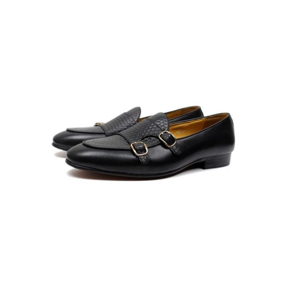 Mocassins Pour Hommes Mariage À Sangle Moine Cuir Suave - Noir