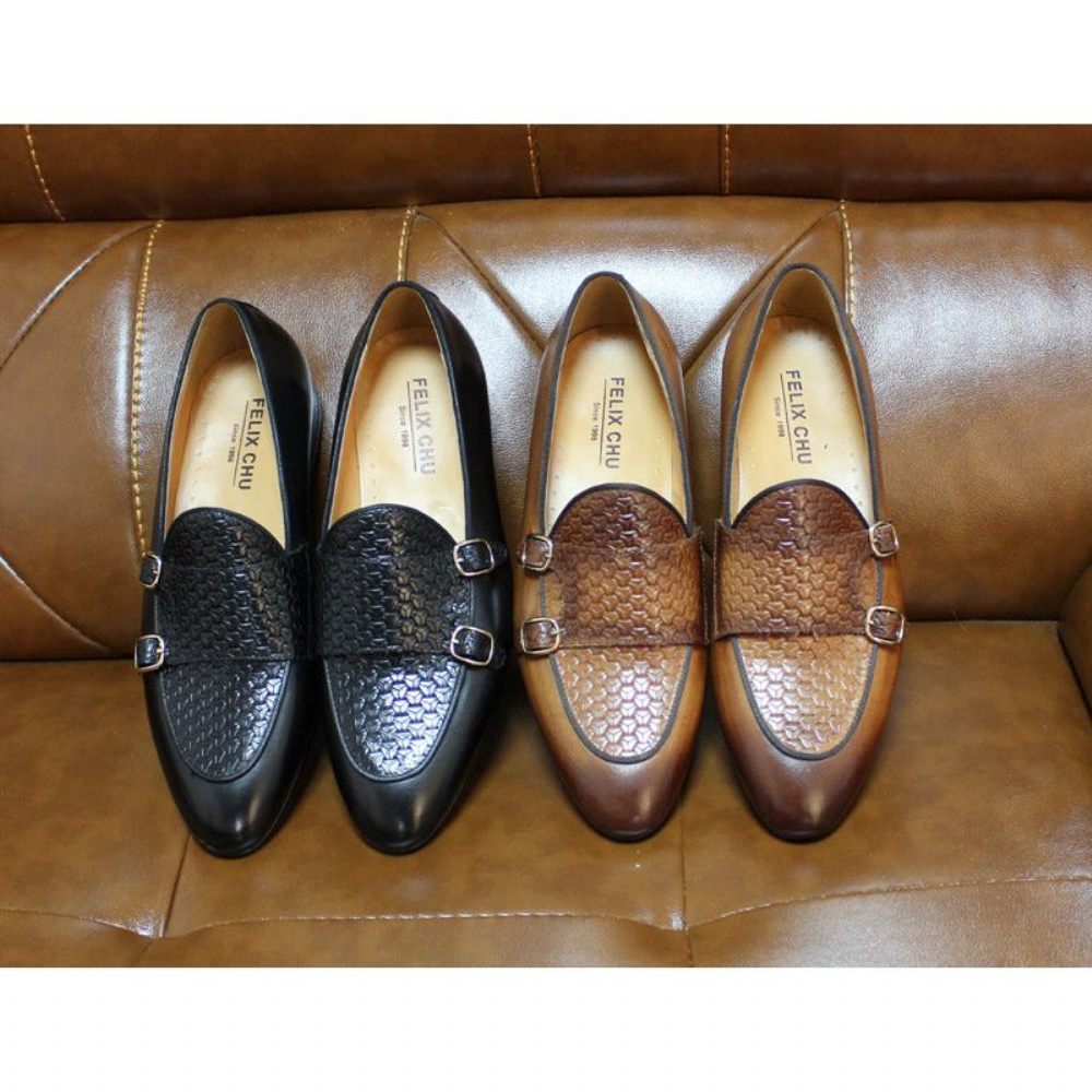 Mocassins Pour Hommes Mariage À Sangle Moine Cuir Suave - Noir