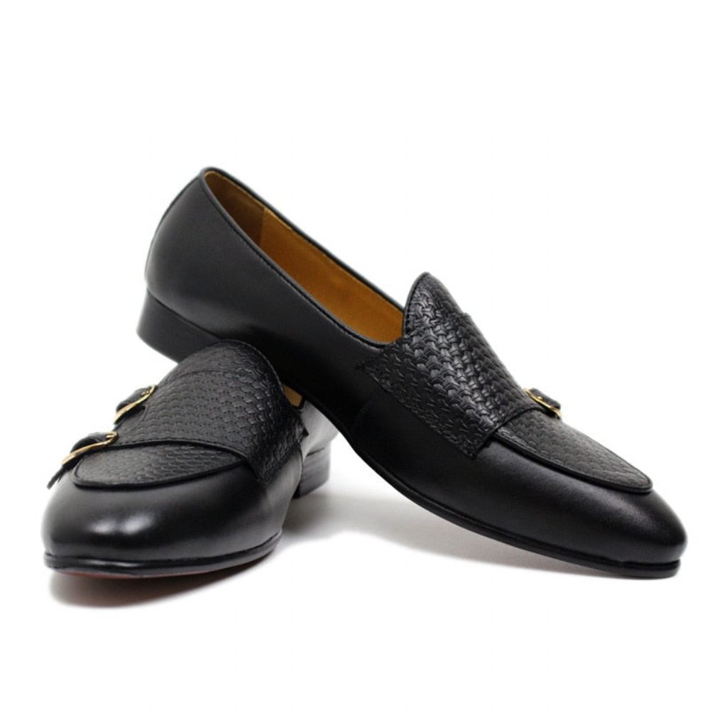 Mocassins Pour Hommes Mariage À Sangle Moine Cuir Suave - Noir