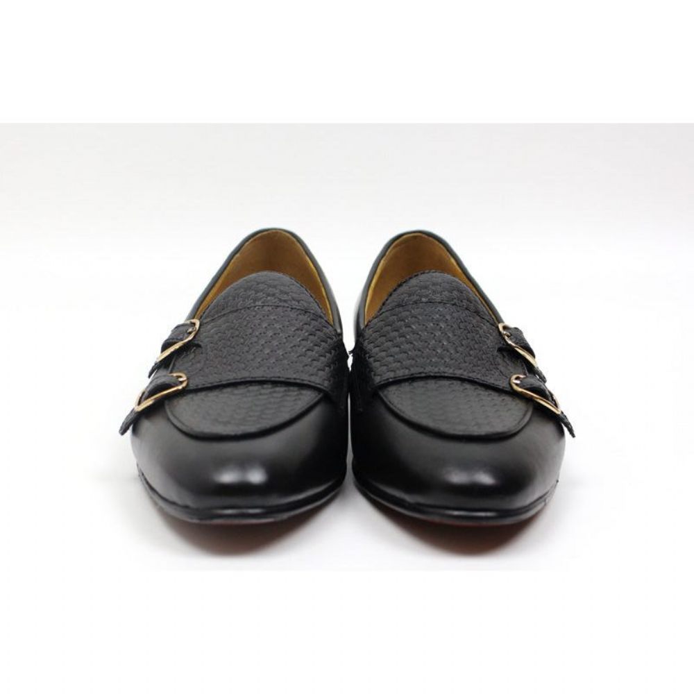 Mocassins Pour Hommes Mariage À Sangle Moine Cuir Suave - Noir