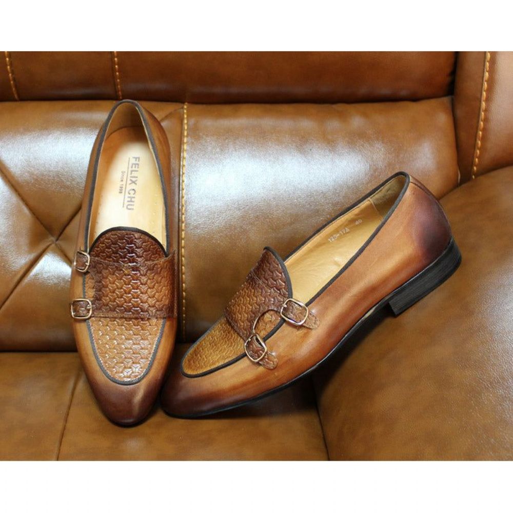 Mocassins Pour Hommes Mariage À Sangle Moine Cuir Suave - Café