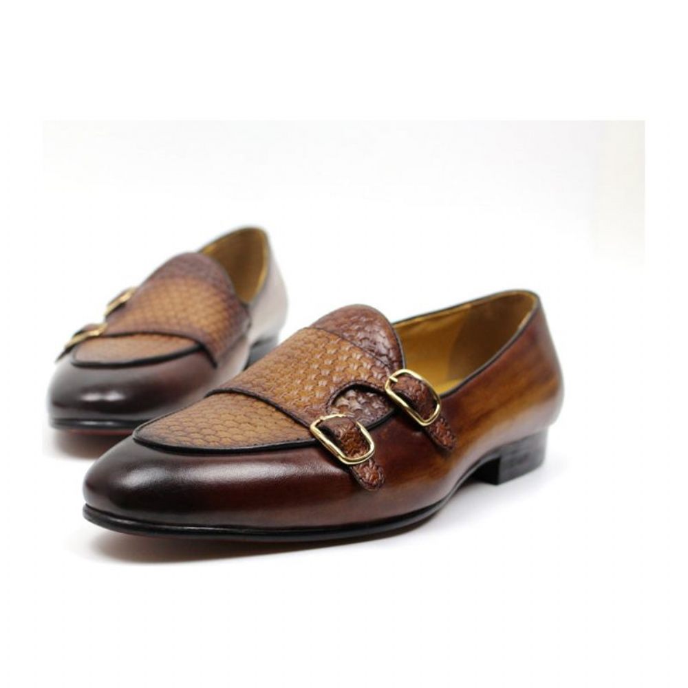 Mocassins Pour Hommes Mariage À Sangle Moine Cuir Suave - Café